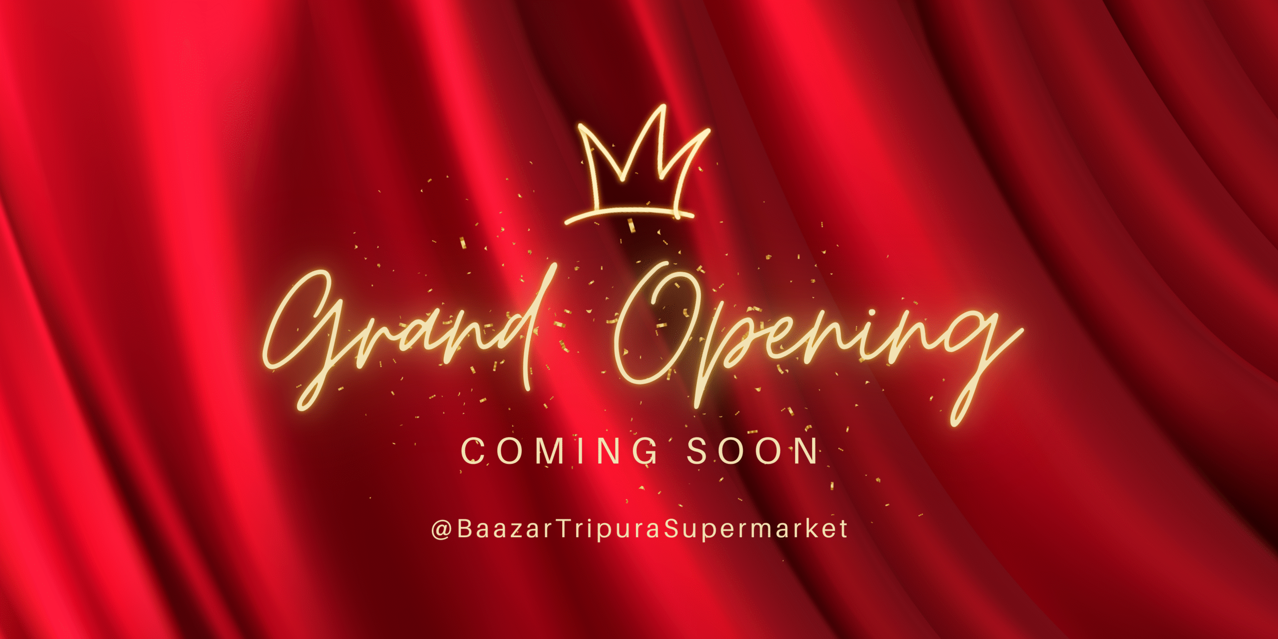 Coming soon Grand Opening. Red fabric drapery folds and gold glitter confetti luxury horizontal Ad Promo Banner template